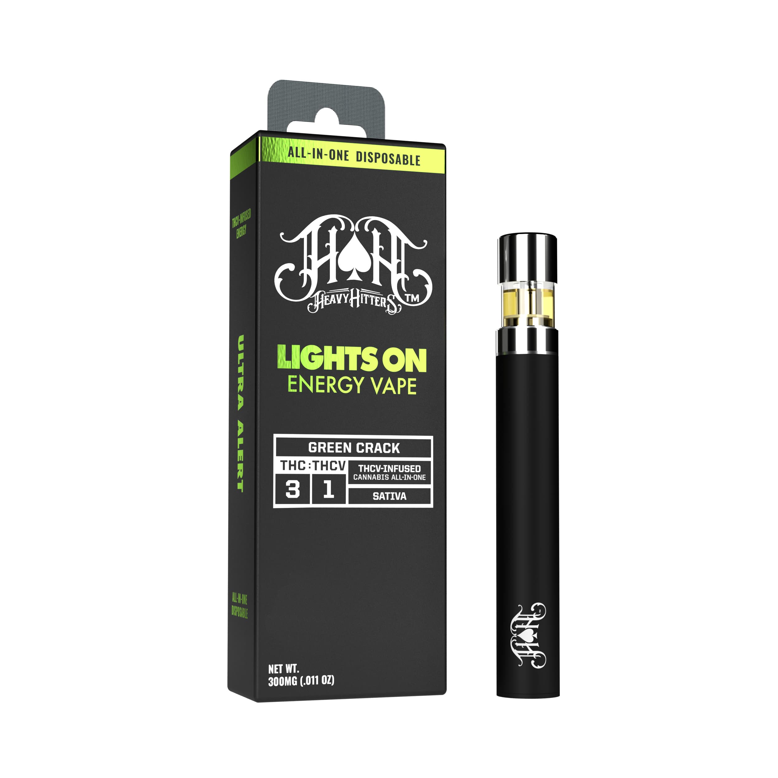 Green Crack Sativa - Lights On THCV Energy - 0.5G All-In-One Vape - Heavy Hitters