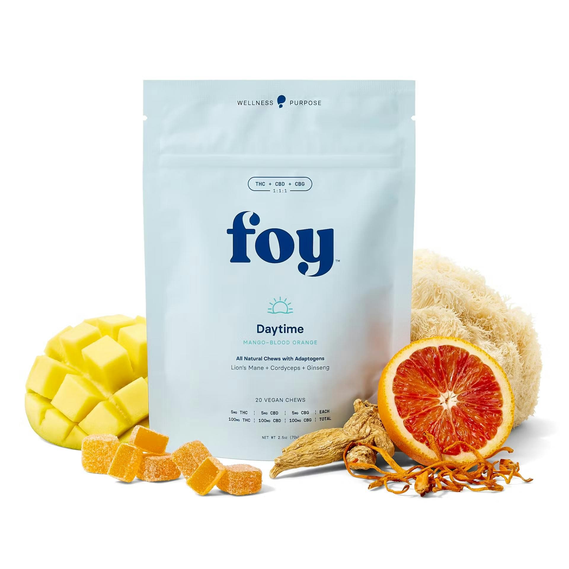 product image for Daytime Chews w/ Organic Adaptogens Mango Blood Orange 1:1:1 THC/CBG/CBD 20 Pack 100mg
