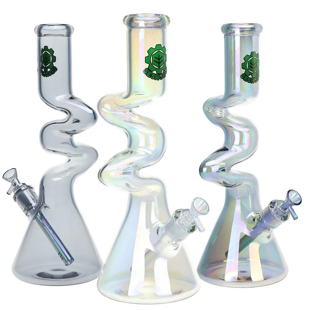 SeshGear Electro Zig Zag Beaker Glass Water Pipe - 14.75" / 14mm F / Colors Vary - 