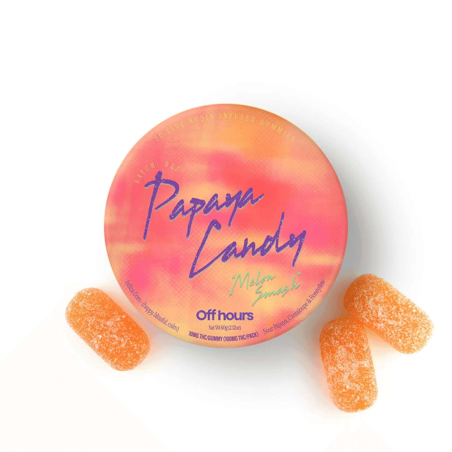 Papaya Candy Melon Smash Batch# 025 Live Rosin Gummies 100mg - Off Hours