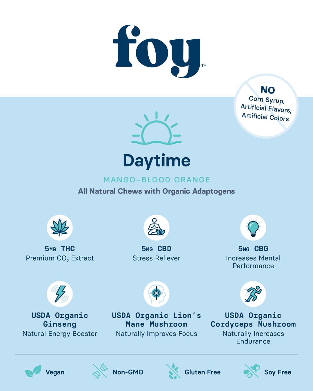Daytime Chews with Organic Adaptogens 1:1:1 THC/CBD/CBG - 100mg, 20 pck - Foy | Treehouse Cannabis