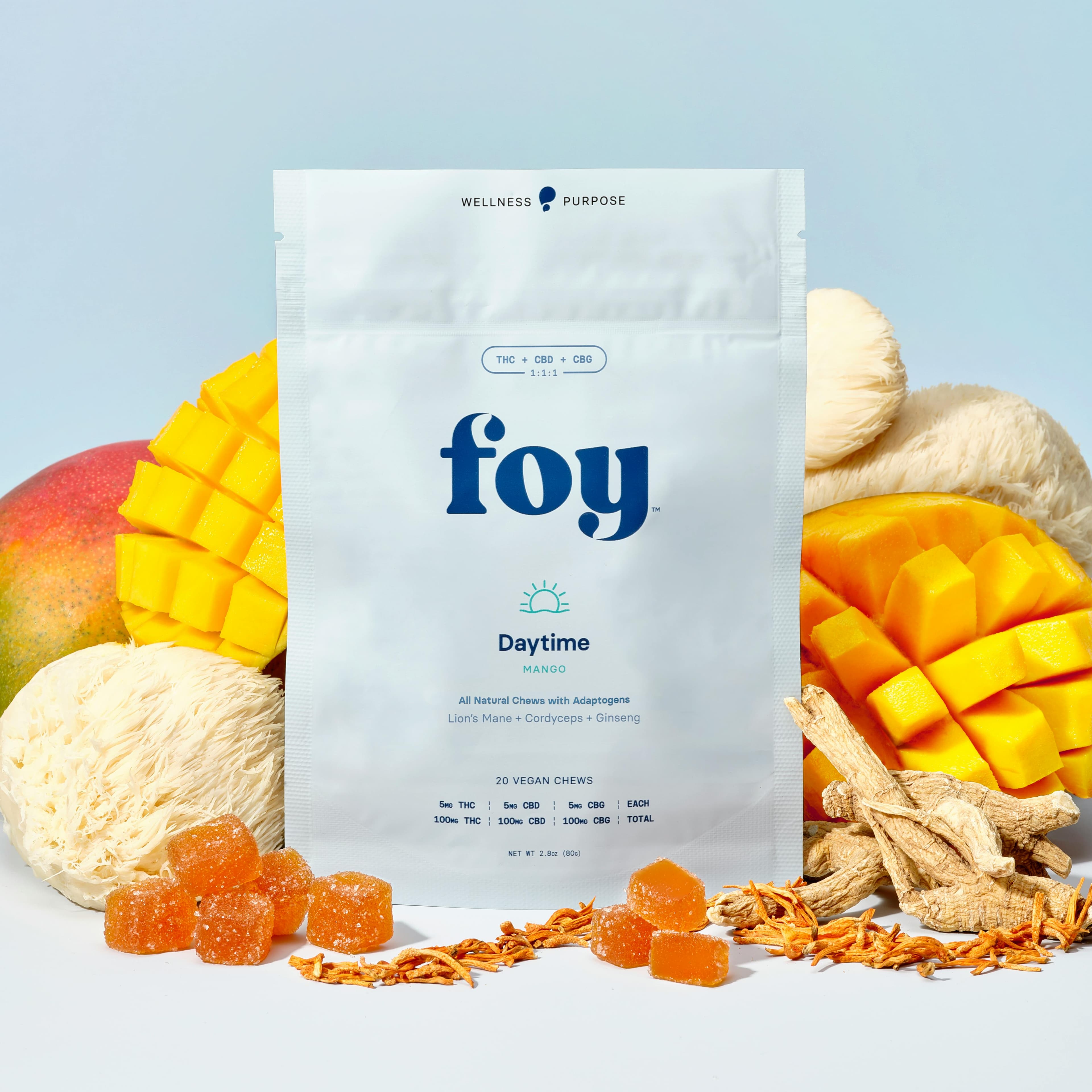 Daytime Chews with Organic Adaptogens 1:1:1 THC/CBD/CBG - 100mg, 20 pck - FOY "Fountain Of Youth"