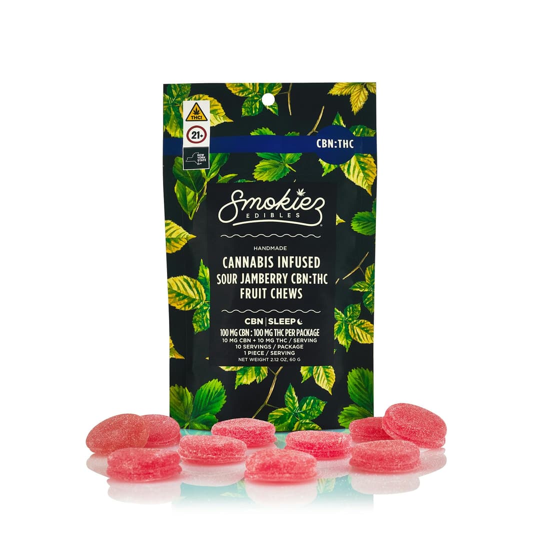 CBN:THC 1:1 Sour Jamberry 100mg CBN:100mg THC Fruit Chews - Smokiez Edibles | Treehouse Cannabis
