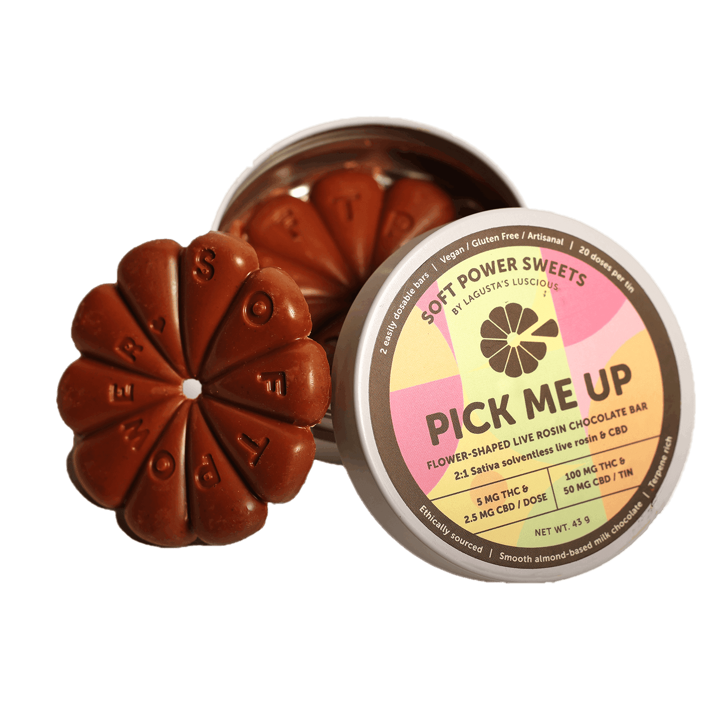 Pick Me Up 20 Pack Live Rosin Chocolate THC: 100mg, CBD: 50mg - Soft Power Sweets